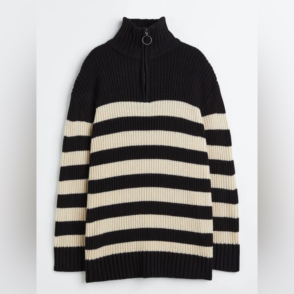 H&M Ribbed Sweater with Black and Cream Stripes